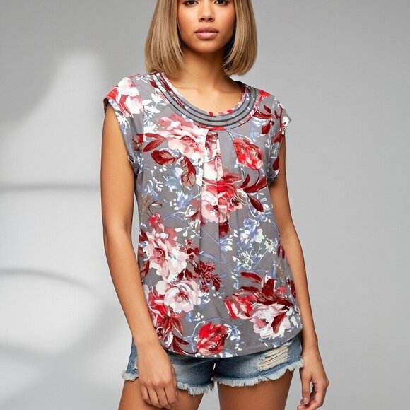 NWT Anthropologie Daniel Rainn Gray and Red Floral Cap Sleeve Top Size PXS - Picture 1 of 10